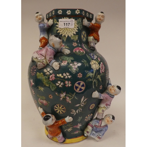 117 - A 20thC Japanese porcelain vase, decorated with flowers and relief with children climbing  14