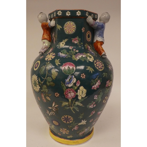 117 - A 20thC Japanese porcelain vase, decorated with flowers and relief with children climbing  14