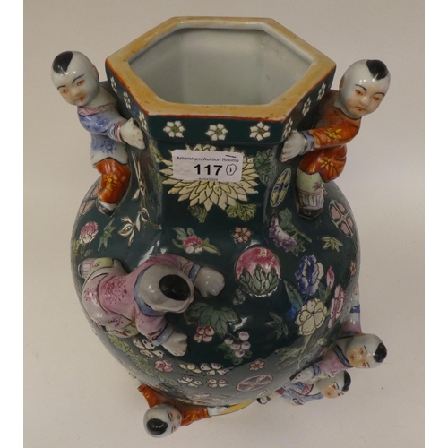 117 - A 20thC Japanese porcelain vase, decorated with flowers and relief with children climbing  14