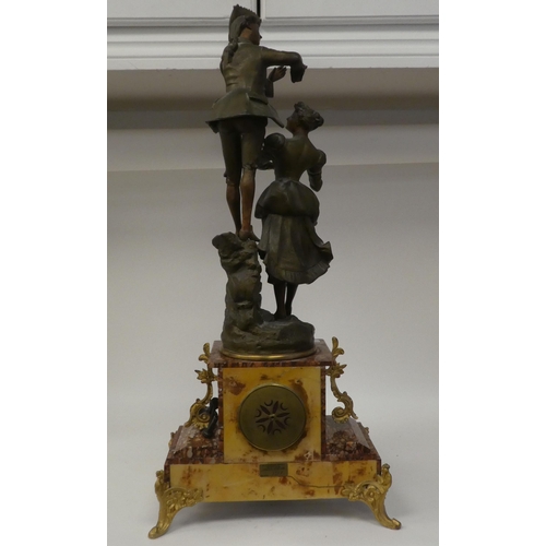 133 - A late 19thC French mantel clock, the mottled iron red marble case surmounted by a painted spelter g... 