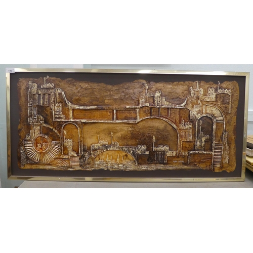 140 - Cyril Barnes - a mixed media skyline riverscape, decorated in relief  bears a signature  1... 