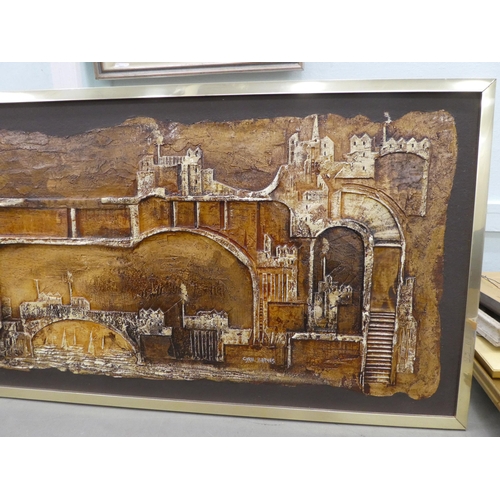 140 - Cyril Barnes - a mixed media skyline riverscape, decorated in relief  bears a signature  1... 