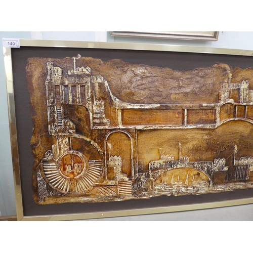 140 - Cyril Barnes - a mixed media skyline riverscape, decorated in relief  bears a signature  1... 