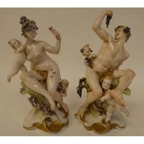 142 - A pair of 20thC Naples porcelain, classically inspired figures with cherubic children  8.5