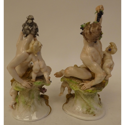 142 - A pair of 20thC Naples porcelain, classically inspired figures with cherubic children  8.5