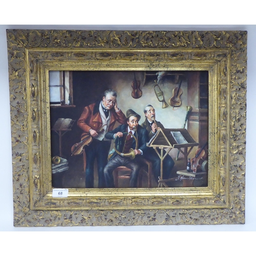 68 - J Hamilton - three musicians, rehearsing  oil on board  bears a signature  11