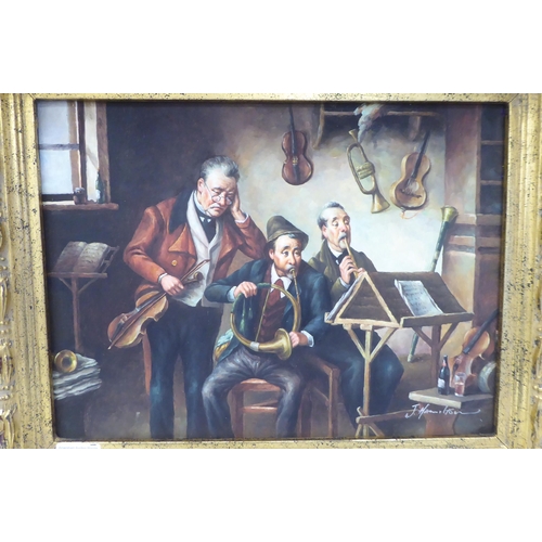 68 - J Hamilton - three musicians, rehearsing  oil on board  bears a signature  11