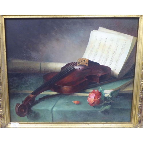 72 - 20thC European School - a still life study, a violin and sheet music  oil on canvas  bears... 