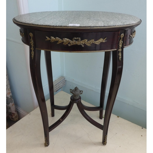 80 - A 20thC reproduction of a late 19thC Continental hall table, the oval marble top over a frieze drawe... 