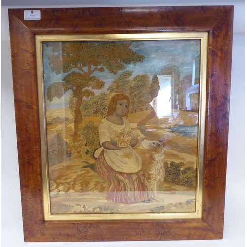 9 - A 19thC painted and embroidered silk tapestry picture, featuring a seated girl with a basket of flow... 