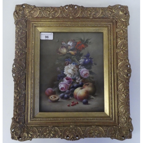 96 - Milwyn Holloway - a still life study, soft fruit and mixed flora  oil on ceramic panel  be... 