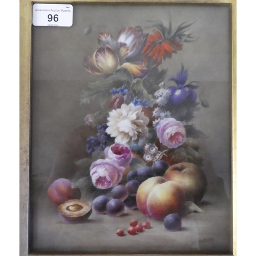 96 - Milwyn Holloway - a still life study, soft fruit and mixed flora  oil on ceramic panel  be... 