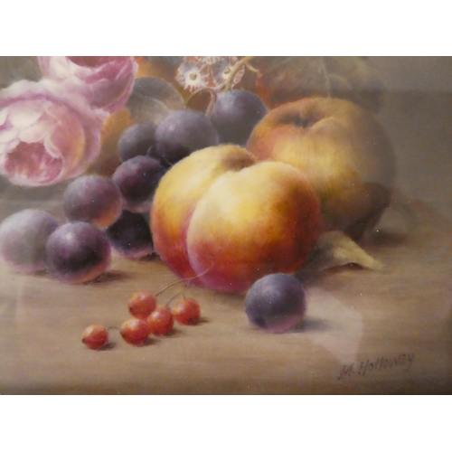 96 - Milwyn Holloway - a still life study, soft fruit and mixed flora  oil on ceramic panel  be... 