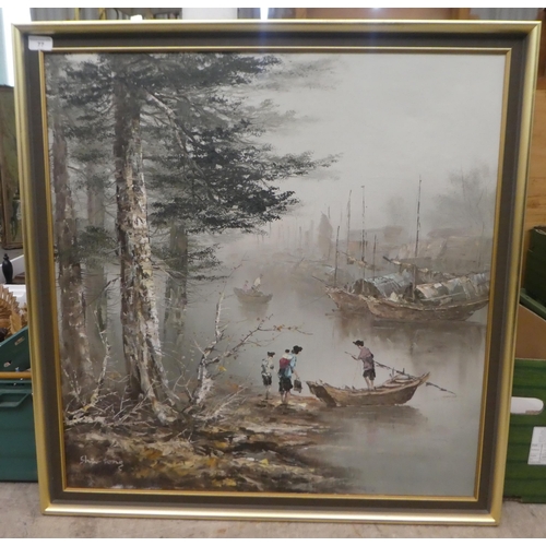 77 - Shin Tong - a Chinese riverscape  oil on canvas  bears a signature  29