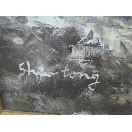 77 - Shin Tong - a Chinese riverscape  oil on canvas  bears a signature  29