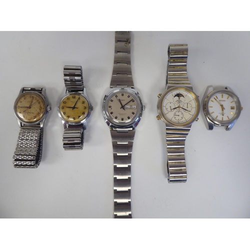 1 - Four stainless steel cased and strapped wristwatches; and another unstrapped