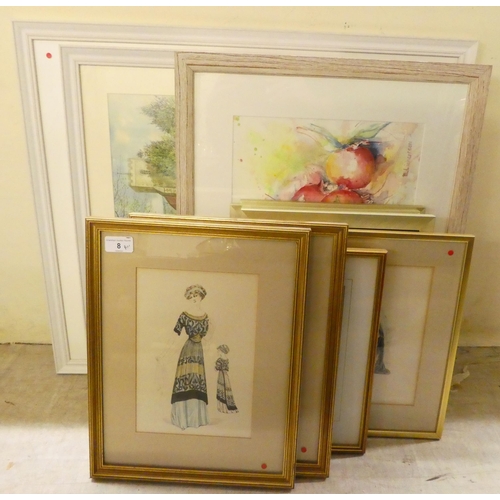 8 - Framed pictures and prints: to include botanical and period costume designs  mixed sizes