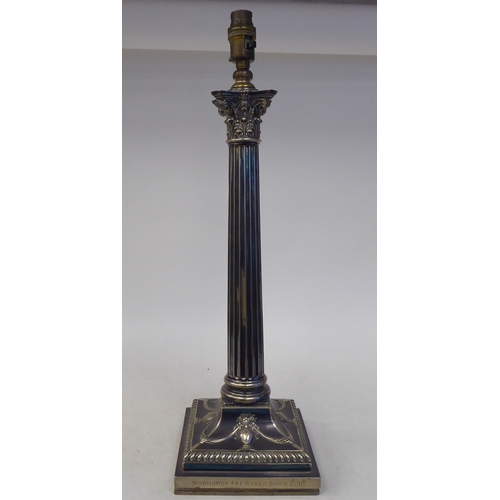 102 - An early 20thC neo classically styled silver plated table lamp, comprising a Corinthian capital, ove... 