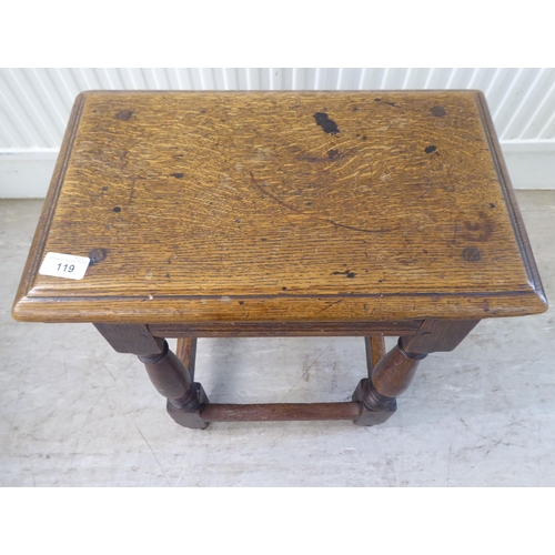 119 - An 18thC style, rustic oak joint stool with a dowelled top, over a vase turned and block underframe