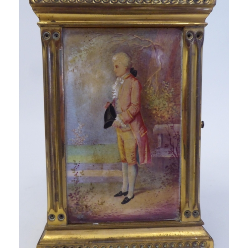 158 - An early 20thC lacquered brass cased carriage clock with reeded corner pillars and scrolled friezes,... 