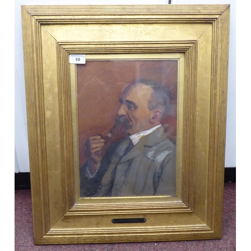 68 - Early 20thC British School - a head and shoulders profile portrait, a bewhiskered man smoking a pipe... 