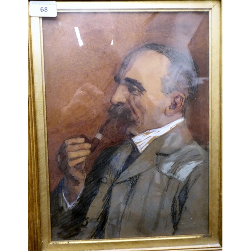 68 - Early 20thC British School - a head and shoulders profile portrait, a bewhiskered man smoking a pipe... 