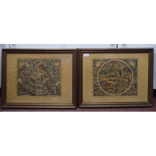 73 - Two 19thC reproductions of coloured prints, viz. 'Cellarius Celestial Map from the Northern Hemisphe... 