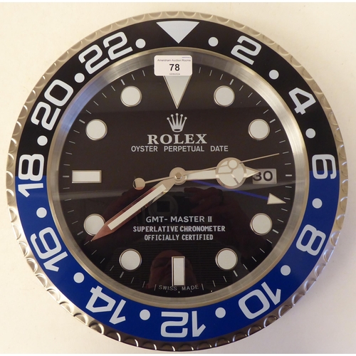 78 - A dealer display, advertising wall timepiece for Rolex Oyster Perpetual Date; the movement faced by ... 