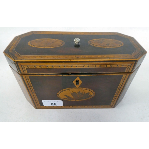 85 - An early 19thC mahogany and marquetry, elongated, octagonal tea casket with straight sides and a hin... 