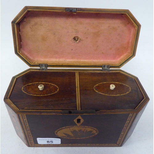 85 - An early 19thC mahogany and marquetry, elongated, octagonal tea casket with straight sides and a hin... 