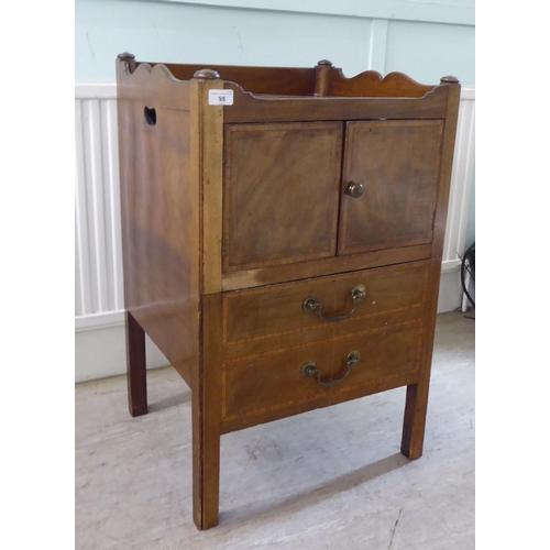 98 - An early 19thC crossbanded and string inlaid mahogany night commode, the galleried tray top with cut... 