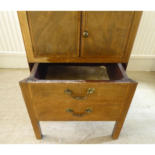 98 - An early 19thC crossbanded and string inlaid mahogany night commode, the galleried tray top with cut... 