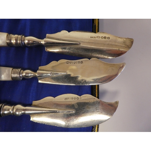 136 - A set of six silver dessert knives, on mother-of-pearl handles  cased; and a matched set of contempo... 