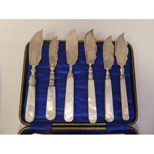 136 - A set of six silver dessert knives, on mother-of-pearl handles  cased; and a matched set of contempo... 