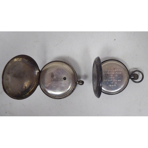 262 - A Waltham silver cased pocketwatch, faced by a Roman dial; and another, faced by an Arabic dial  mix... 