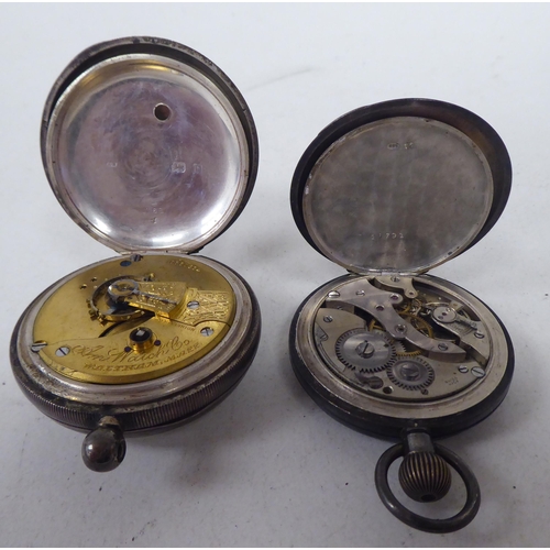 262 - A Waltham silver cased pocketwatch, faced by a Roman dial; and another, faced by an Arabic dial  mix... 