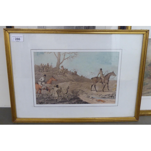 286 - Framed 19thC and later variously themed monochrome and coloured engraving prints  largest 10