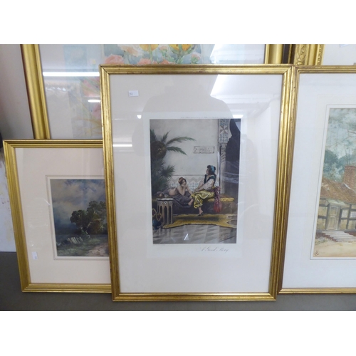 293 - Five framed pictures and prints: to include after Aureli - 'A Good Story'  coloured print  8