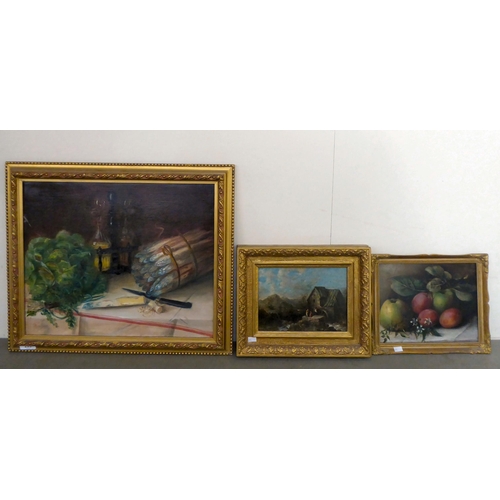 295 - Three framed oil paintings, landscapes and still life studies  largest 15