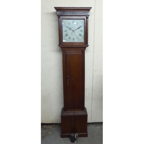 299 - A 19thC oak cased longcase clock; the movement faced by a Roman dial  inscribed Frank Birkell of Mar... 