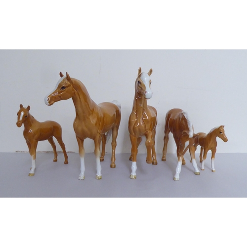 320 - A group of five Beswick china horses/foals, each in brown tan with white  manes  largest 6... 