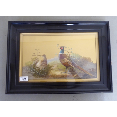 321 - H Connolly - two game birds  watercolour on a gilt coloured background  bears a signature ... 