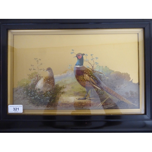 321 - H Connolly - two game birds  watercolour on a gilt coloured background  bears a signature ... 