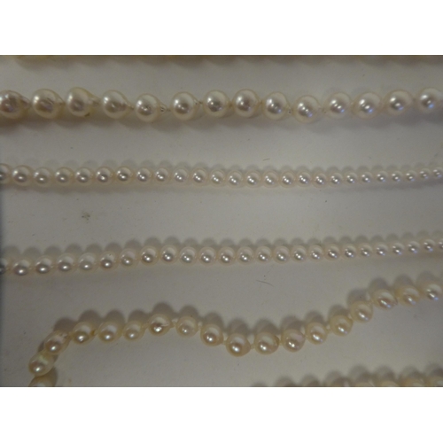 74 - Three single string pearl necklaces, on 9ct gold clasps