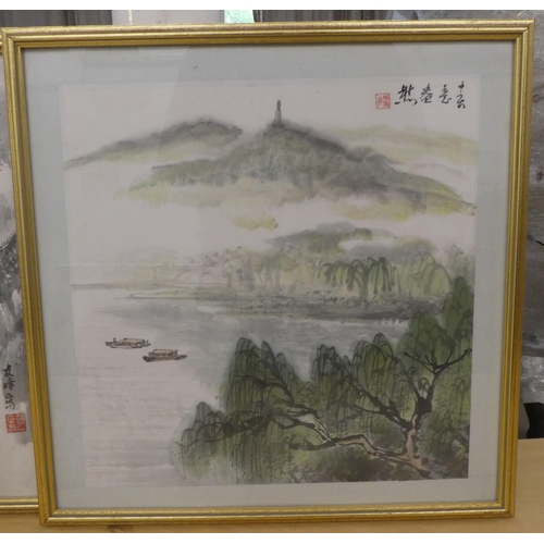 85 - A series of four modern framed Chinese School - traditional landscapes  watercolours  bear... 