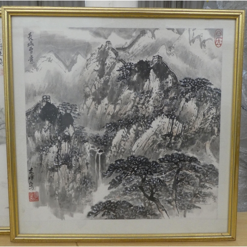 85 - A series of four modern framed Chinese School - traditional landscapes  watercolours  bear... 