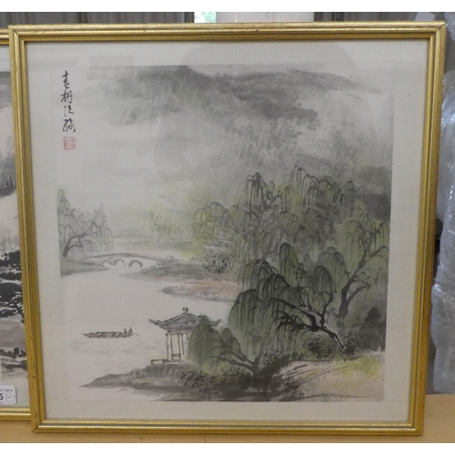 85 - A series of four modern framed Chinese School - traditional landscapes  watercolours  bear... 