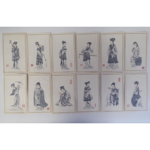 40 - A series of twelve 20thC Chinese figure studies - young women, displaying fashionable costumes  wate... 