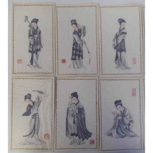 40 - A series of twelve 20thC Chinese figure studies - young women, displaying fashionable costumes  wate... 