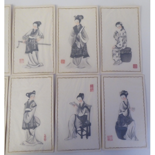 40 - A series of twelve 20thC Chinese figure studies - young women, displaying fashionable costumes  wate... 